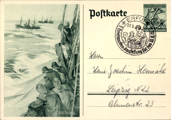 Postal stationery Postcard Axster Heudtlaß, fishermen on the high seas, fishing boats