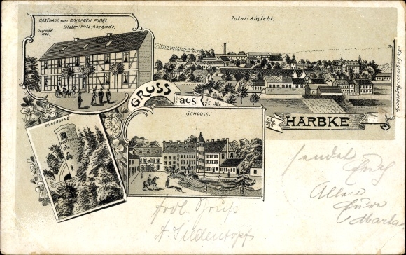 Chromo-Litho Harbke in Saxony Anhalt, Inn zum Goldenen Pudel, castle, total view