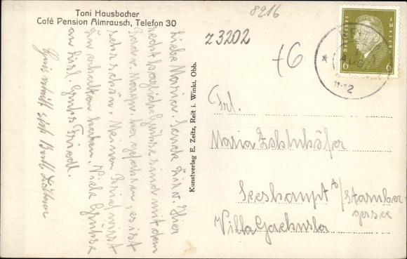 Postcard Reit im Winkl in the Traunstein district of Upper Bavaria, Cafe Pension Almrausch, Hausberg