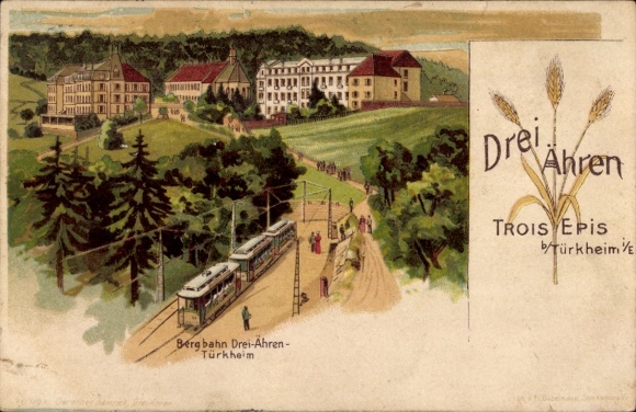 Postcard Trois Épis Three Ears Alsace Haut Rhin, mountain railway, Türkheim, tram