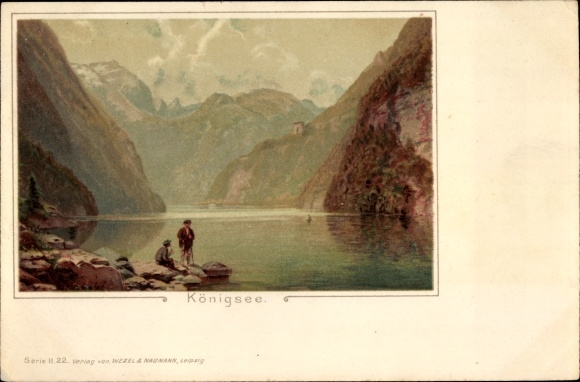 Artist Chromo-Litho Schönau am Königssee, shore area with Alps