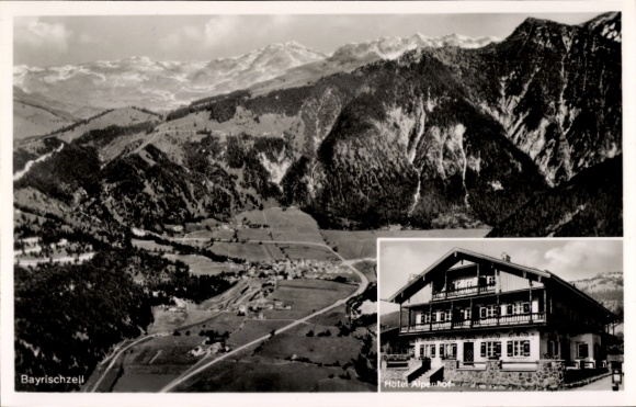 Postcard Bayrischzell in the Mangfall Mountains Upper Bavaria, mountain landscape, Hotel Alpenhof, black and white photo