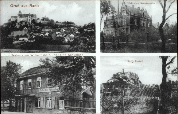Ak Ranis in Thüringen, Burg, Städtisches Krankenhaus, Restauration Wilhelmshain, Inh. Otto Schumann