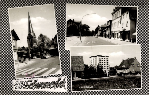 Ak Schwarzenbek in Lauenburg, Drie uitzichten: Katholieke kerk, Laue Burgerstraat, hoogbouw