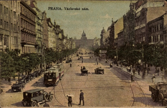 Postcard Praha Prague Czech Republic, Hradčany Hradschin, Wenceslas Square with tram and cars