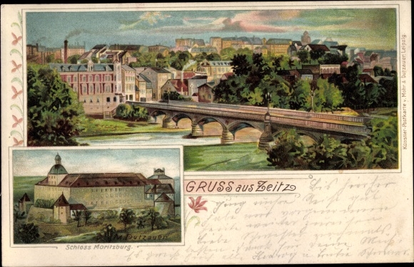 Künstler Litho Dutzauer, M., Zeitz an der Weißen Elster, Schloss Moritzburg, Totale, Brücke