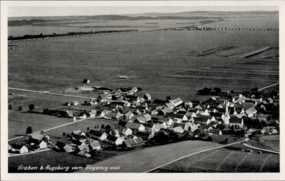 Postcard Graben in Lechfeld Swabia, aerial photograph of agricultural land, houses