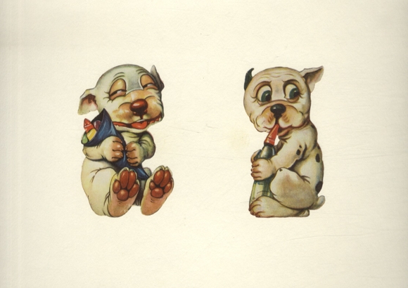 2 Oblaten Comic-Hunde, je ca. 10,5 x 6 cm