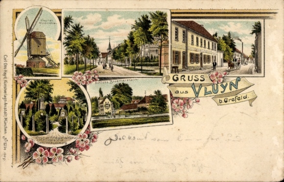 Chromo-Litho Neukirchen Vluyn, windmill, castle, street