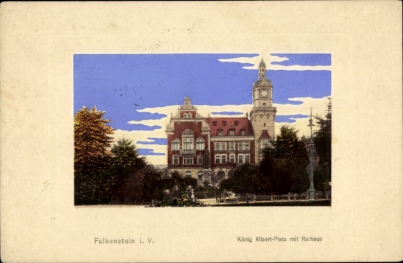 Passepartout Ak Falkenstein im Vogtland, König Albert Platz mit Rathaus