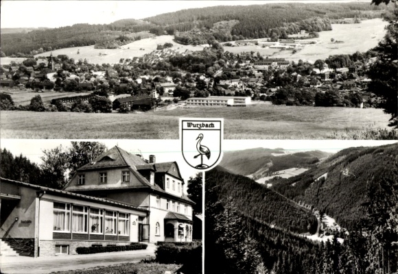 Postcard Wurzbach in Thuringia, inn, forest, mountains, coat of arms