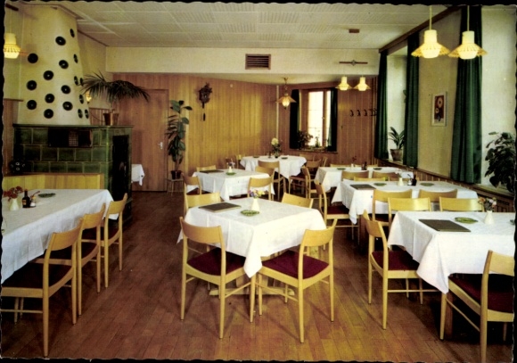 Postcard Bonndorf in the Black Forest, restaurant with tables, chairs, wood paneling, plants