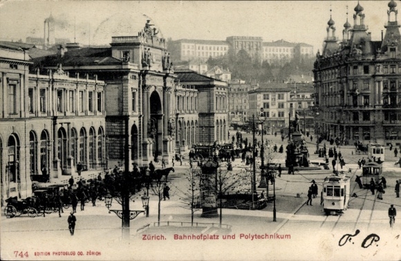 Postcard Zurich City Switzerland, Bahnhofplatz, Polytechnic, Trams