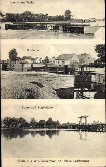 Postcard Alt Schadow Märkische Heide, lot at the weir, lock, Spree, drawbridge