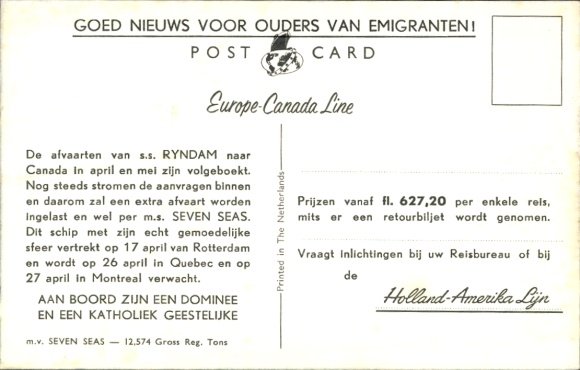 Postcard passenger ship MV Seven Seas, Europe Canada Line