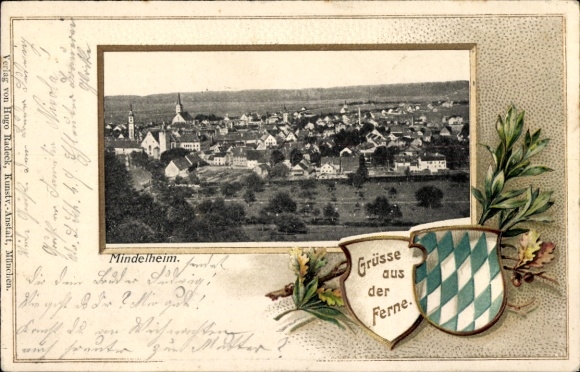 Embossed passepartout coat of arms Postcard Mindelheim in Unterallgäu, general view