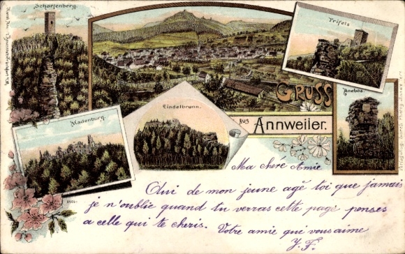 Chromo-Litho Annweiler am Trifels Palatinate, Trifels, Anebos, Scharfenberg Castle Ruins, general view