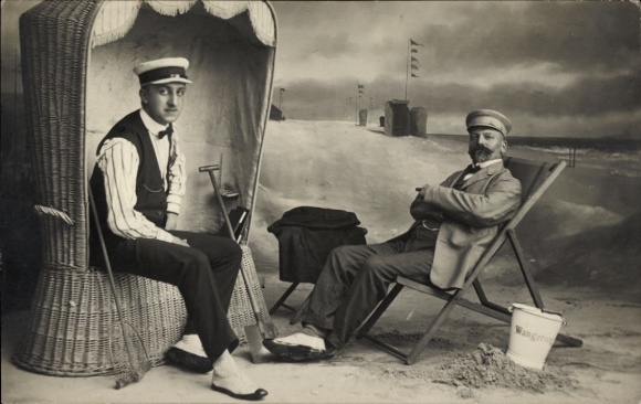 Photo Postcard Wangerooge, two men on the beach, beach chair, deck chair, photographer H. Schröder