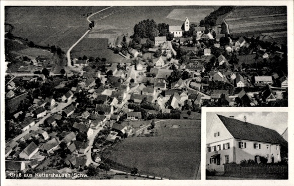 Postcard Kettershausen in Swabia, aerial photograph, commercial building A. Löfflad