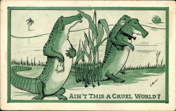 Artist Postcard Humanized crocodiles, lovers, crying crocodile