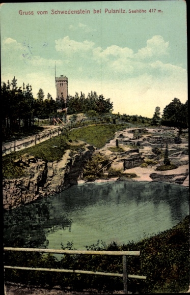 Ak Schwedenstein bij Pulsnitz, Schwedenstein, uitkijktoren, meer, bomen, wolken, natuur