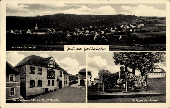 Ak Großbockedra in Thüringen, algemeen beeld, fruitwijnrestaurant, oorlogsmonument