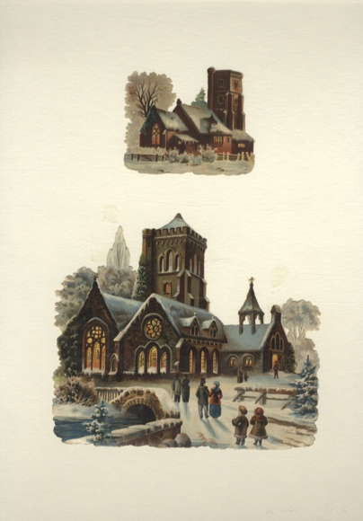 2 wafers churches in a winter landscape, approx. 13 x 15 cm and 6 x 8 cm