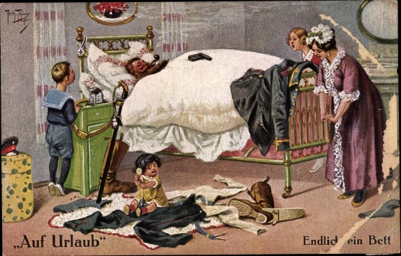 Kunstenaar Ak Thiele, Arthur, op vakantie, eindelijk een bed, soldaat