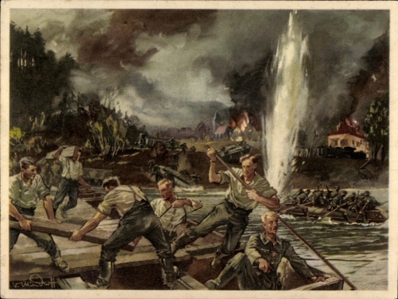 Kunstenaar Ak Mundorff, V., pioniers, bruggenbouw, opblaasboot, Wehrmacht, WO II