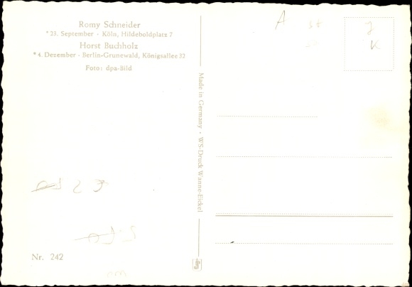 Postcard actress Romy Schneider, actor Horst Buchholz, sledge