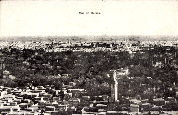 Postcard Damas Damascus Syria, panorama of city view, black and white,