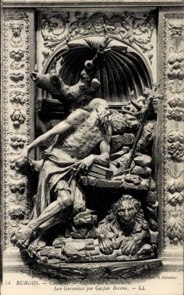 Ak Burgos Kastilien und León, Skulptur von San Geronimo, Löwe, Kapelle, Burgos