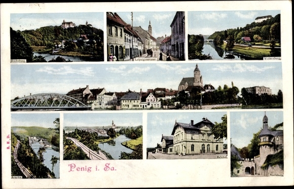 Ak Penig in Sachsen, Bahnhof, Rochsburg, Panorama, Amerika, Leipziger Straße
