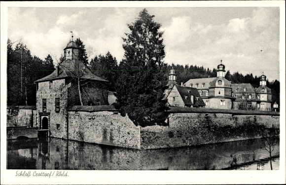 Postcard Krottorf Friesenhagen Rhineland, View to Castle Crottorf, wall, river