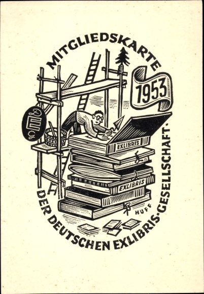 Artist Postcard Huff, membership card of the German Exlibris Society 1953, Maurer, books