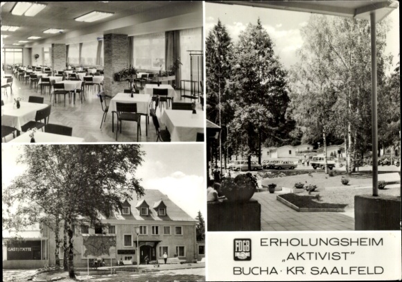 Postcard Bucha Unterwellenborn in Thuringia, dining room and exterior view, recreation home 'Aktivist'