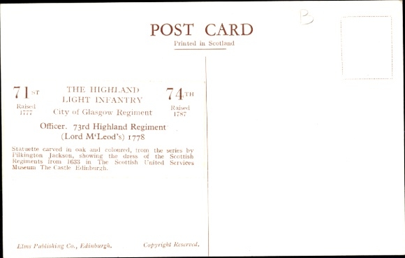 Postcard The Highland Light Infantry, City of Glasgow Regiment, Officer, 73rd Highland Regiment, Statuette