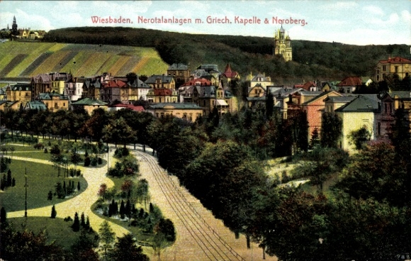 Ak Wiesbaden in Hessen,  Nerotalanlagen, Griechische Kapelle, Neroberg