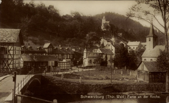 Postcard Schwarzburg in Thuringia, Thuringian Forest, part of the church, old buildings, idyllic landscape