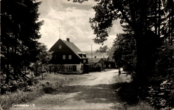 Ak Grünheide in der Mark, Hausansicht, Straße, Bäume, Wolken, Schwarz-Weiß