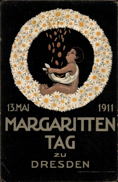 Artist Postcard Dresden, Daisy Day 1911, Flower Day, Wreath, Money Rain