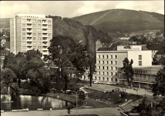 Postcard Suhl in Thuringia, city view, Hotel Thüringen Tourist, park with pond