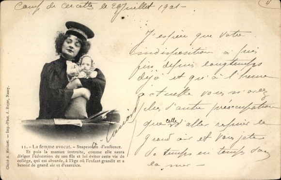 Postcard lawyer, court hearing, baby, hug