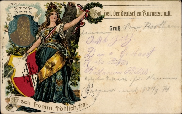 Präge Litho Turnvater Jahn, Gut Heil der deutschen Turnerschaft, Frisch fromm fröhlich frei