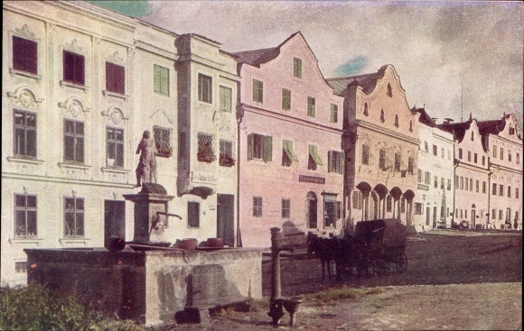 PC Neufelden in the Mühlviertel Upper Austria, street section, fountain