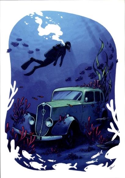 Artist Postcard Car Underwater, Diver, Peugeot