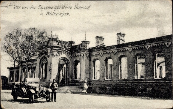 PC Waukawysk Wolkowysk Belarus, train station destroyed by Russians, WWI