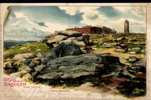 Brocken in the Harz Mountains, view of the Teufelskanzel, hotel, hikers, rocks, mountain landscape