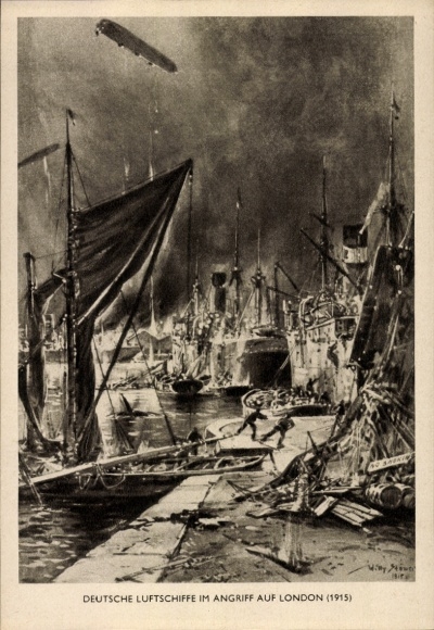 Artist Postcard Stöwer, Willy, German airships, attack on London 1915, Wehrillustrierte Wehrmacht