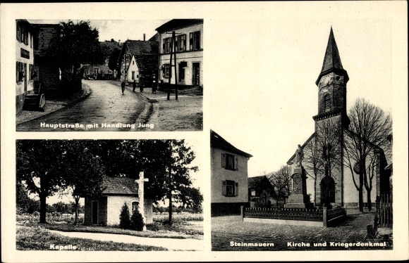 Postcard Steinmauern Baden Württemberg, main street, action young, church, war memorial, chapel